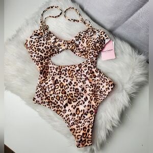JUICY COUTURE Cheetah Ruffle Cutout Bandeau One Piece Bathing Suit